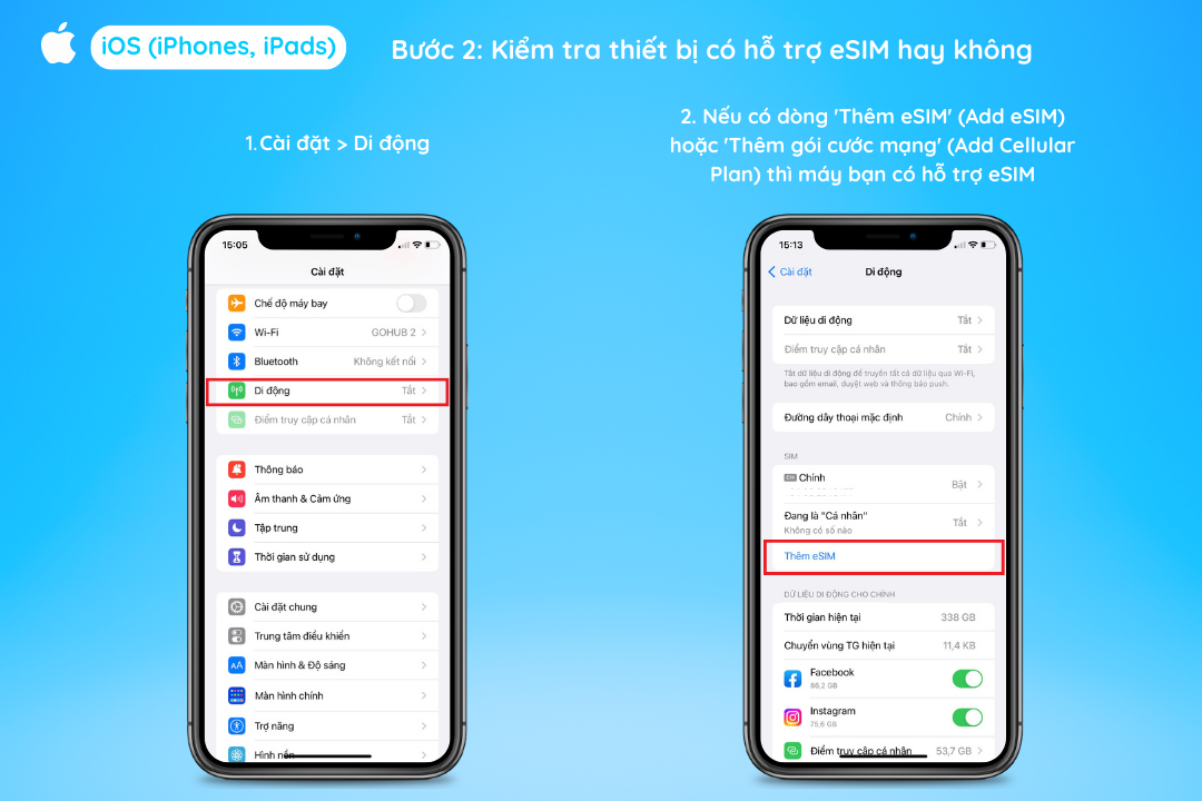 Kiểm tra eSIM trong phần Cài đặt Di động