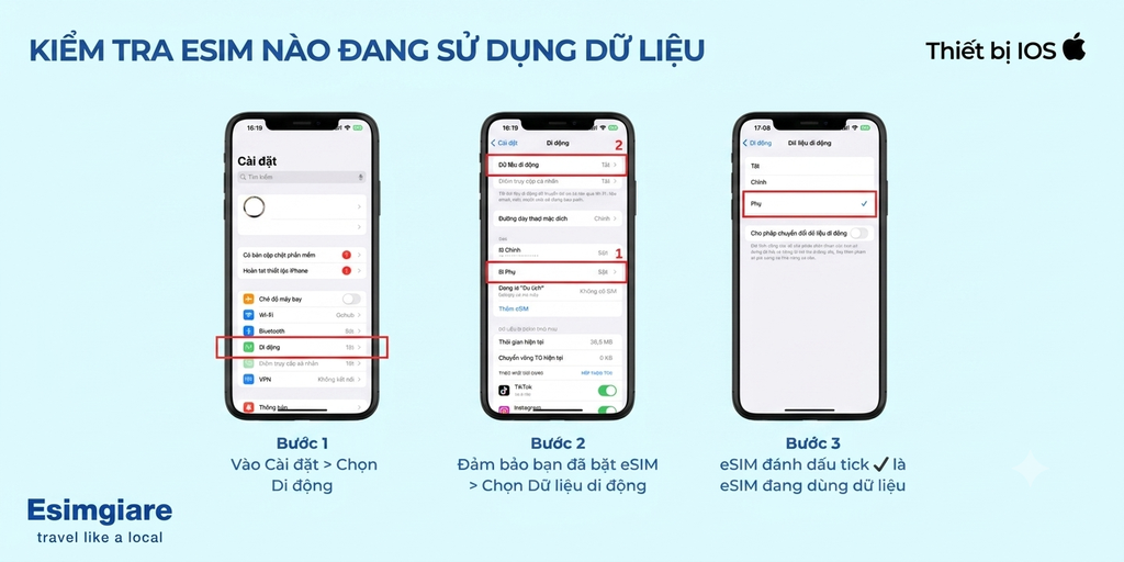 Kiểm tra eSIM đang sử dụng dữ liệu trên iOS